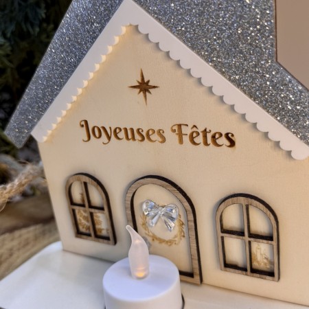 Bougeoir Maisonnette de Noël – Bois & Acrylique pailleté