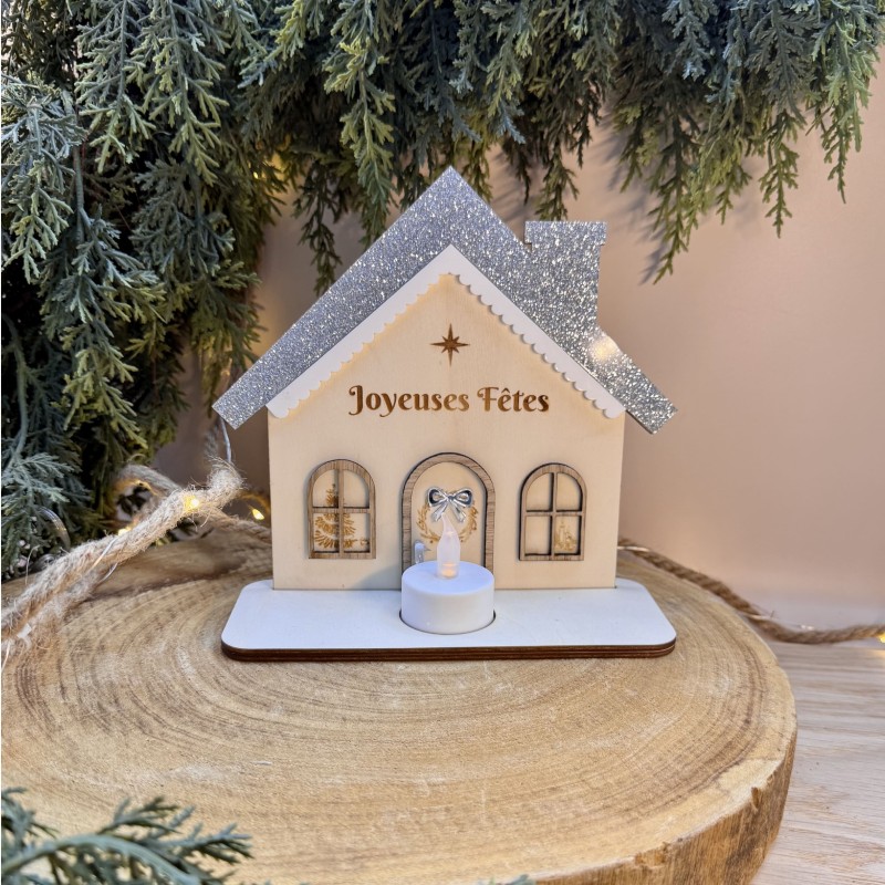Bougeoir Maisonnette de Noël – Bois & Acrylique pailleté