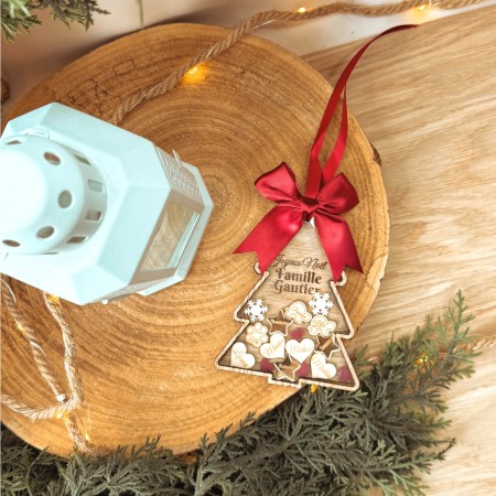 Suspension Sapin “Famille & Vœux de Noël” – Bois & Acrylique doré