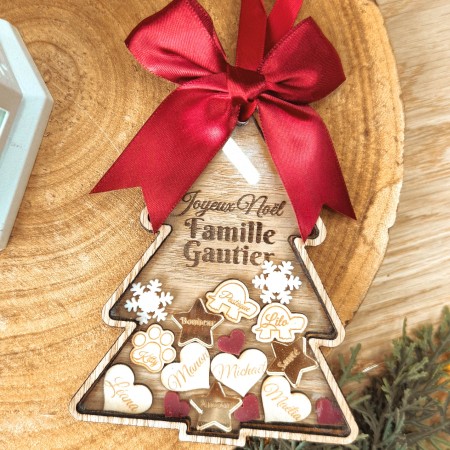 Suspension Sapin “Famille & Vœux de Noël” – Bois & Acrylique doré