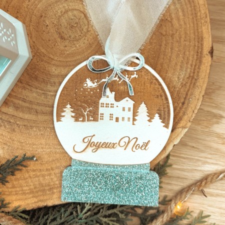 Boule de neige en bois – Scène de Noël gravée & socle plexiglass personnalisable